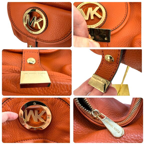MICHAEL KORS Fulton Large Hobo Bag Orange Pebble Leather Purse Gold Plated Logo - Picture 9 of 15